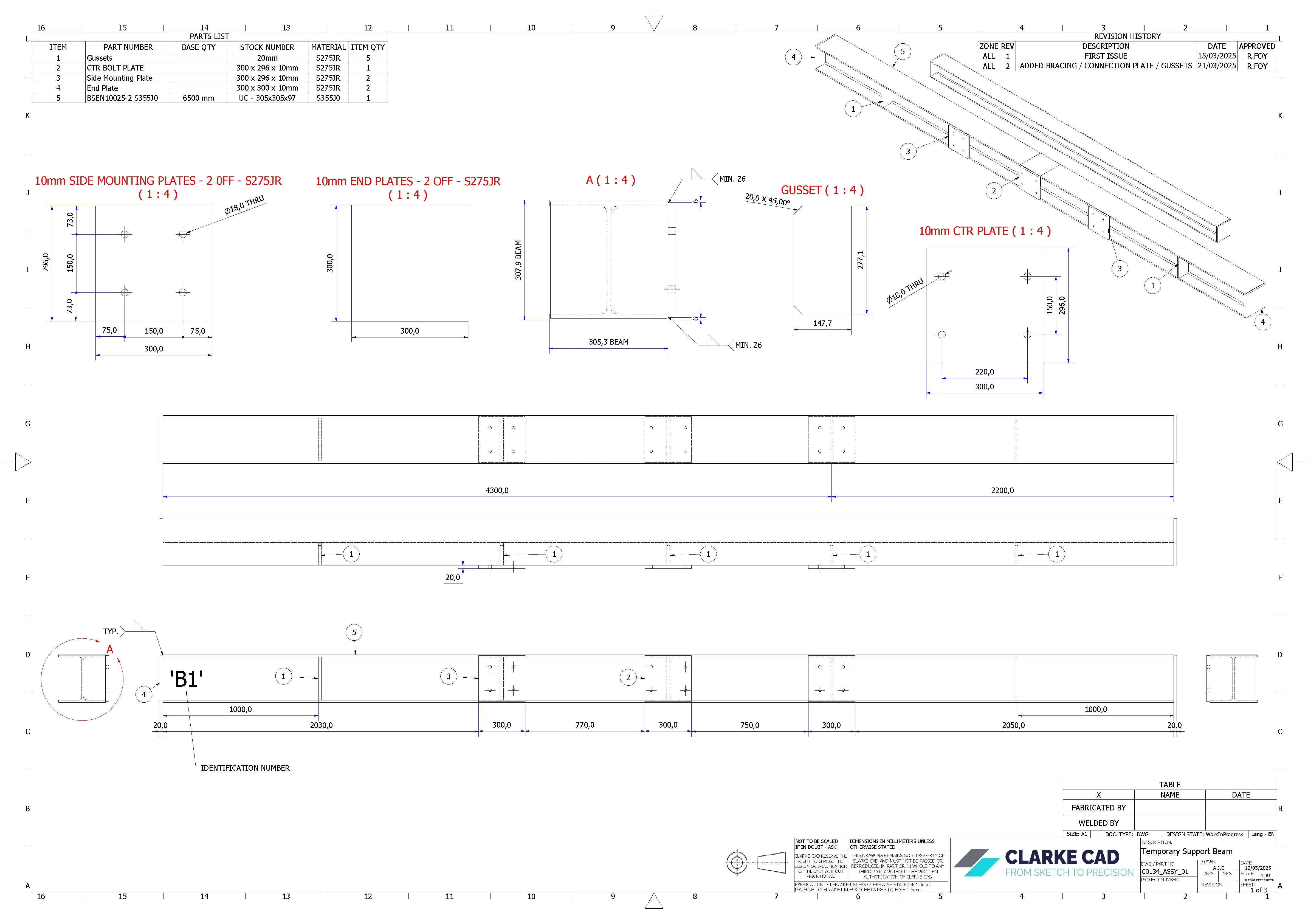 Parts and plate drawing sheet for the beam support assembly.