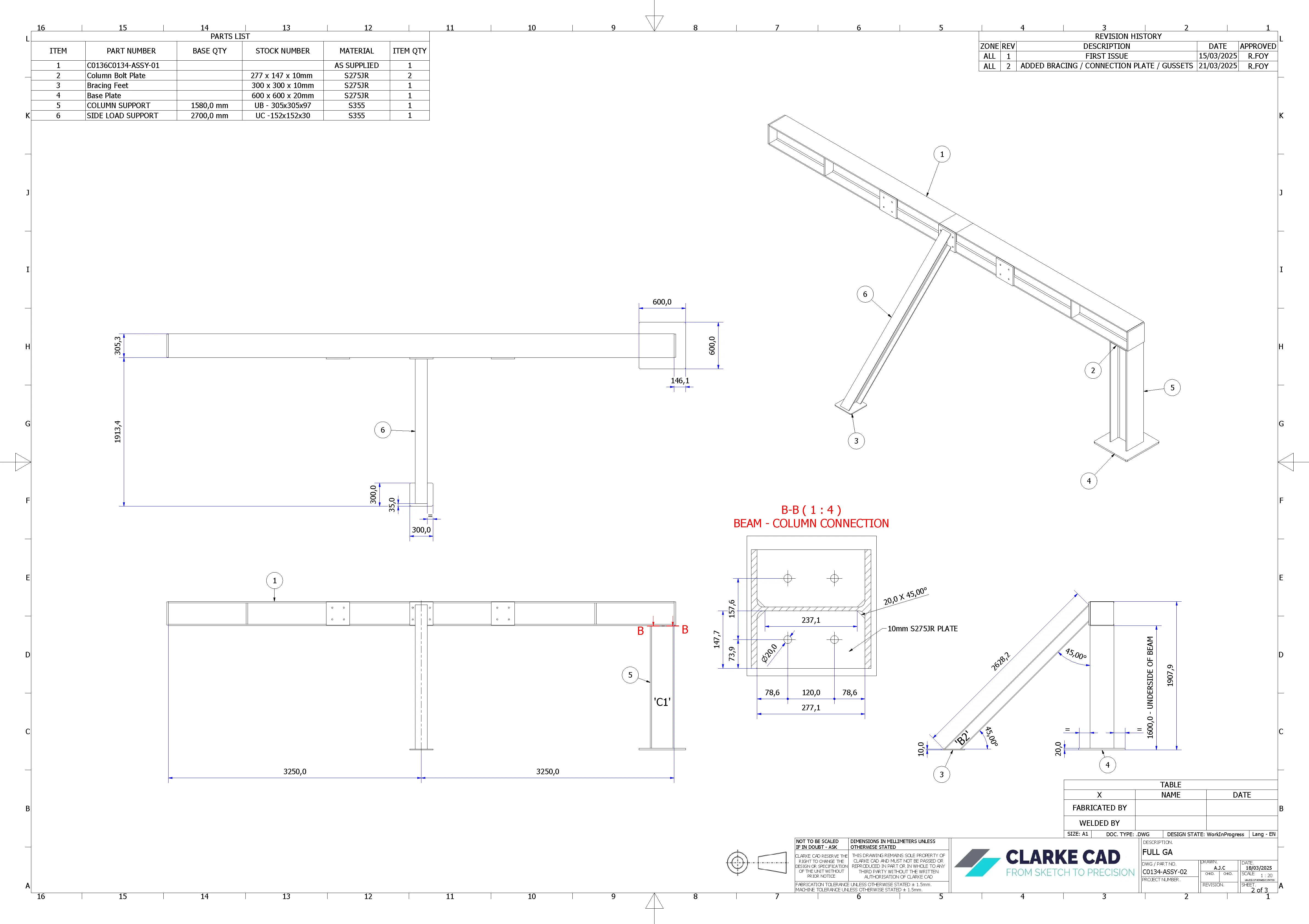 General arrangement drawing showing a support beam and connection detail.