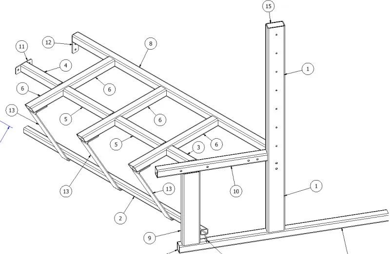 CAD detail view of the bench terrace steel frame and upright support.
