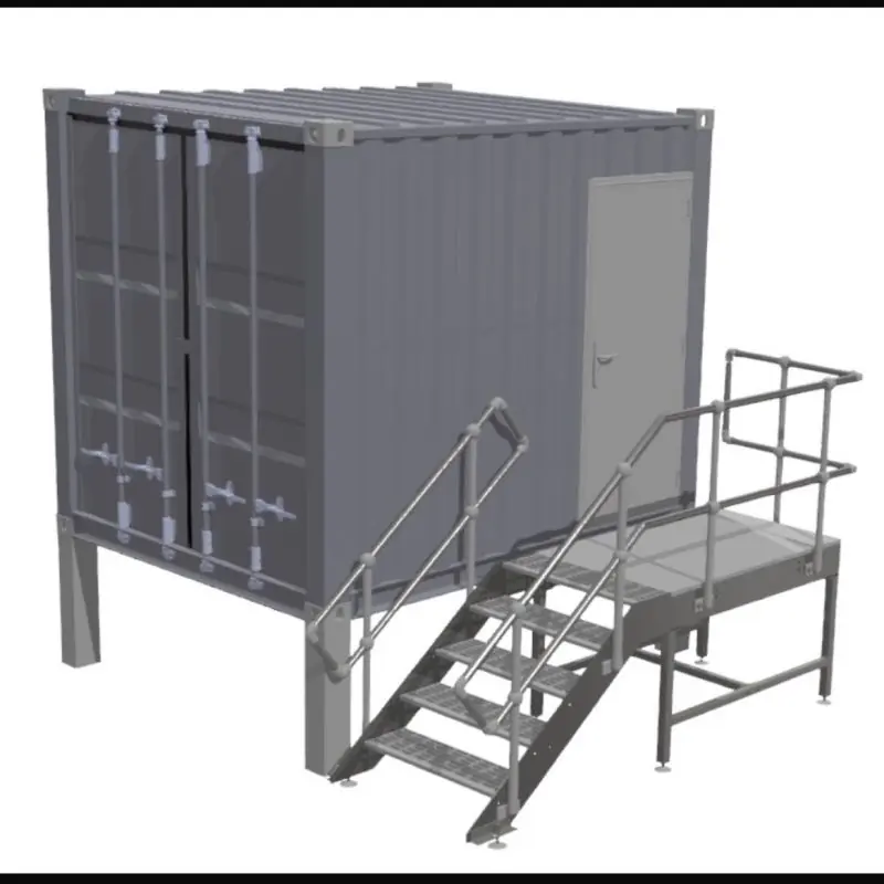3D CAD model of a raised container with an external access stair and landing.