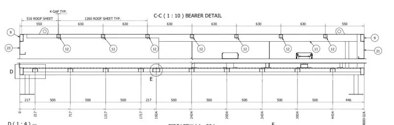 Bearer detail drawing for the gatehouse base and support arrangement.